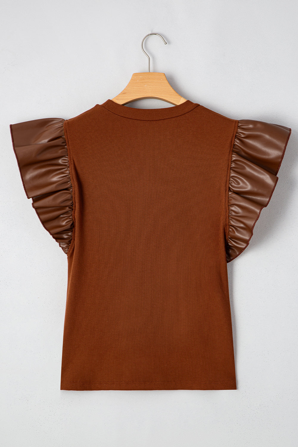 Black Leather Ruffle Sleeve Patchwork Round Neck Blouse