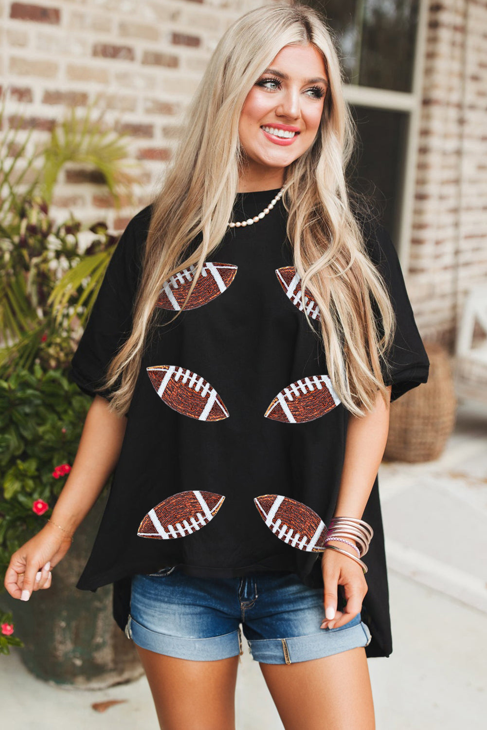 Black Sequin Rugby Football Patched Crewneck Loose T Shirt