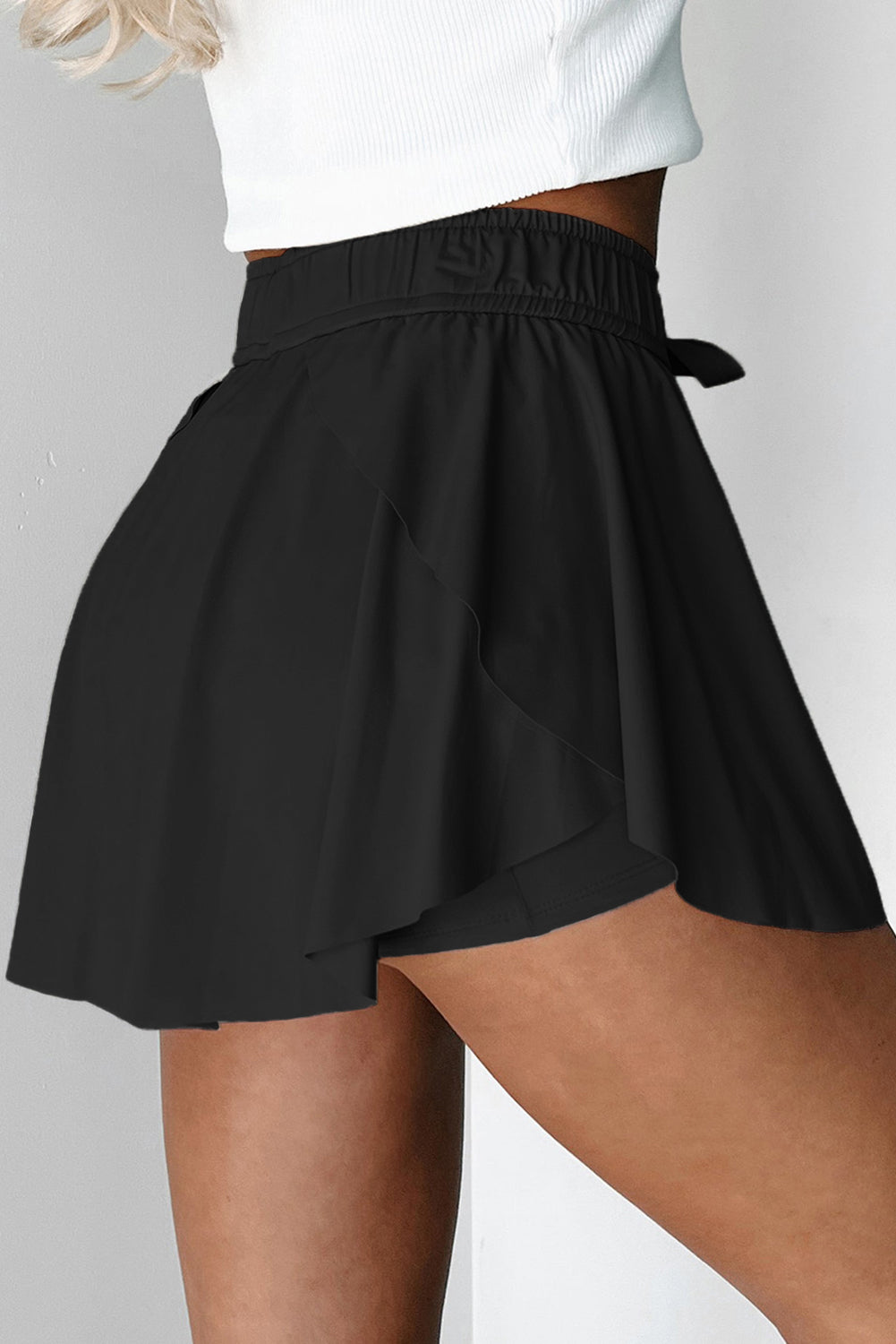 Black Drawstring High Waist Lined Tennis Skorts