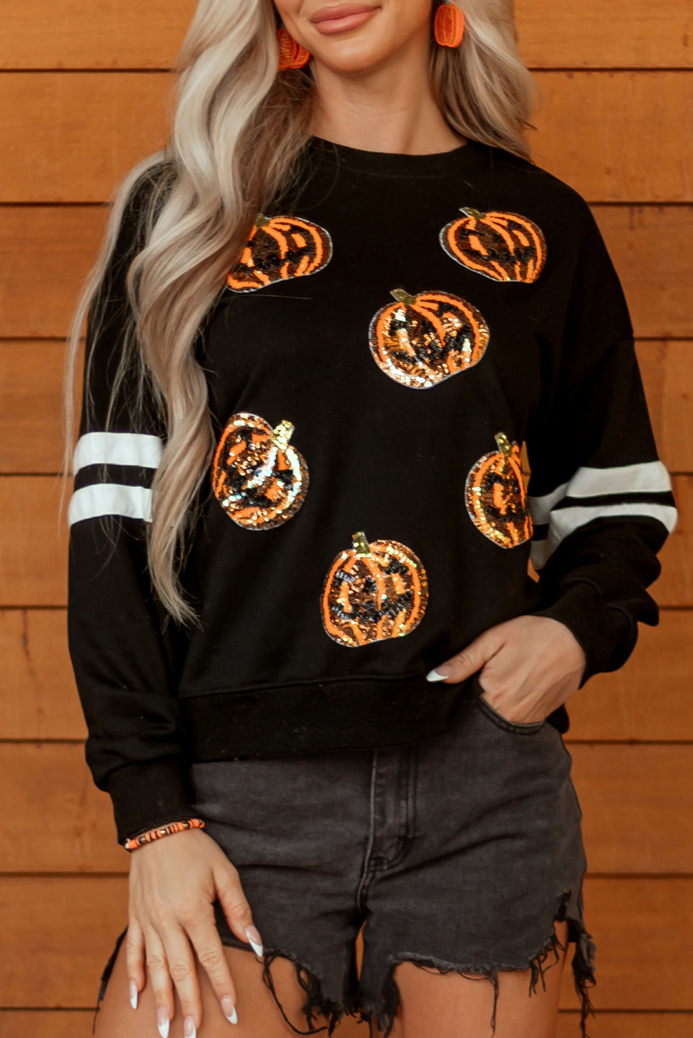 Black Halloween Pumpkin Face Sequin Patched Oversize Varsity Sweatshirt