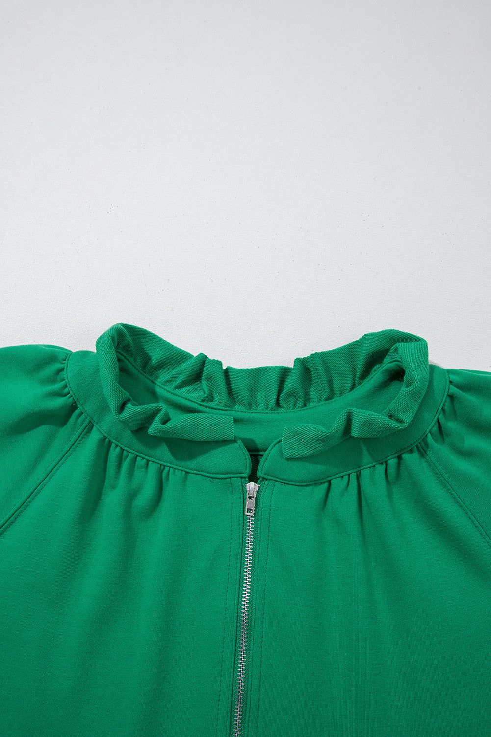 Sea Green Half Zip Puff Sleeve Top and Ruffled Shorts Set