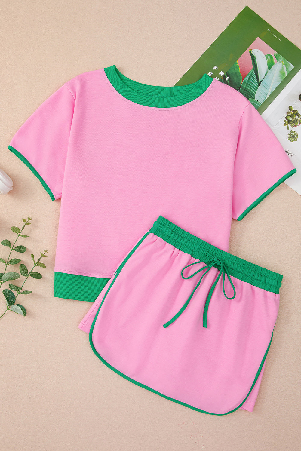 Bonbon Colorblock Edge Drop Shoulder T Shirt and Skort 2Pcs Set