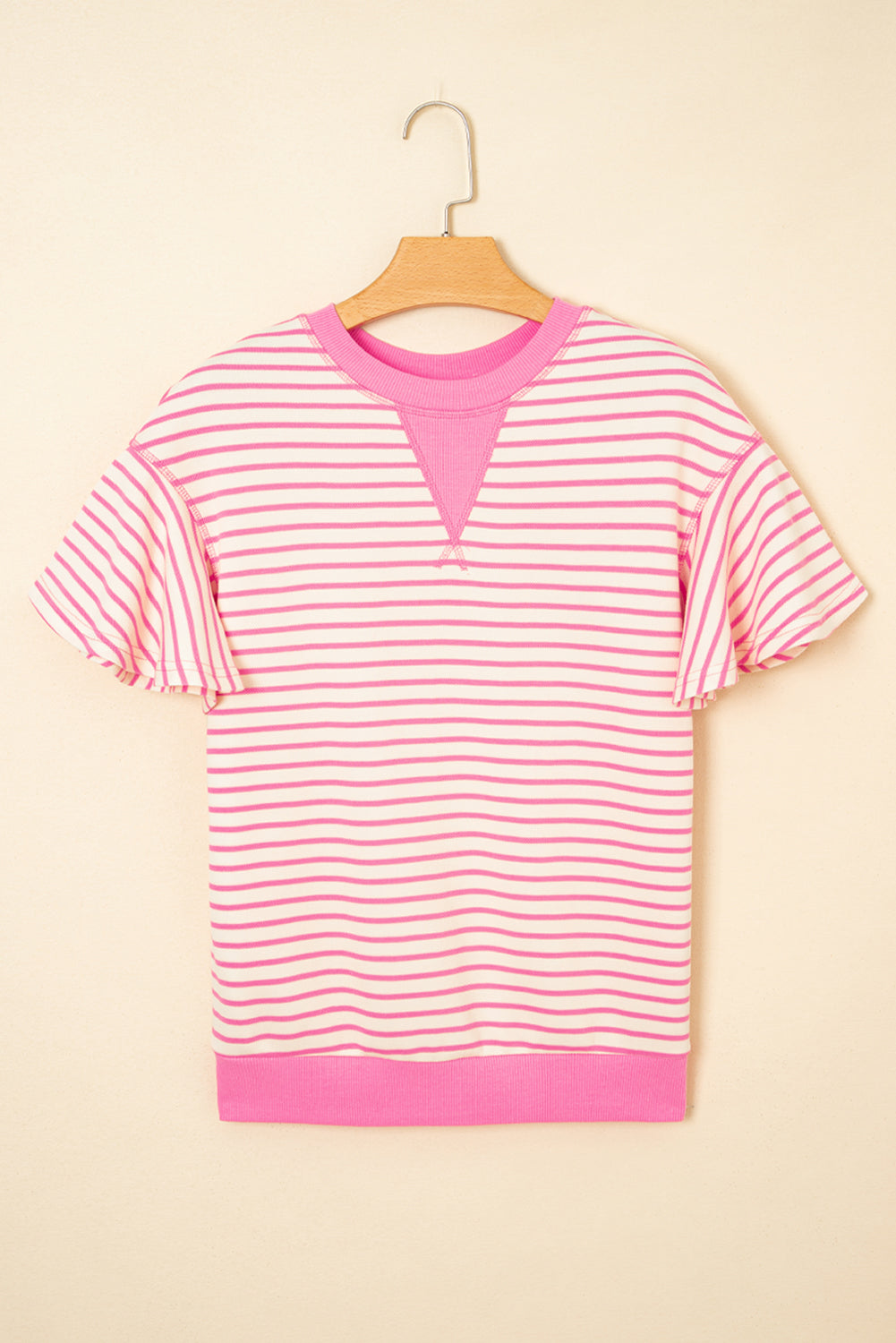 Bright Green Contrast Detail Striped Ruffle Short Sleeve Top