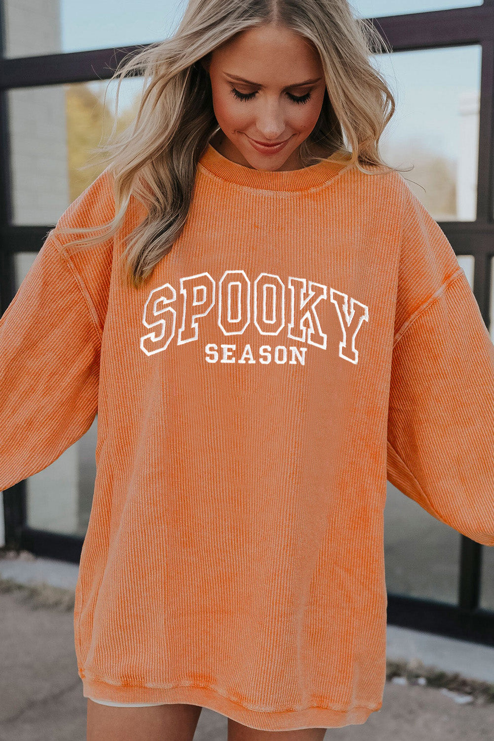 Orange SPOOKY SEASON Embroidered Letter Graphic Twisted Ribbed Sweatshirt