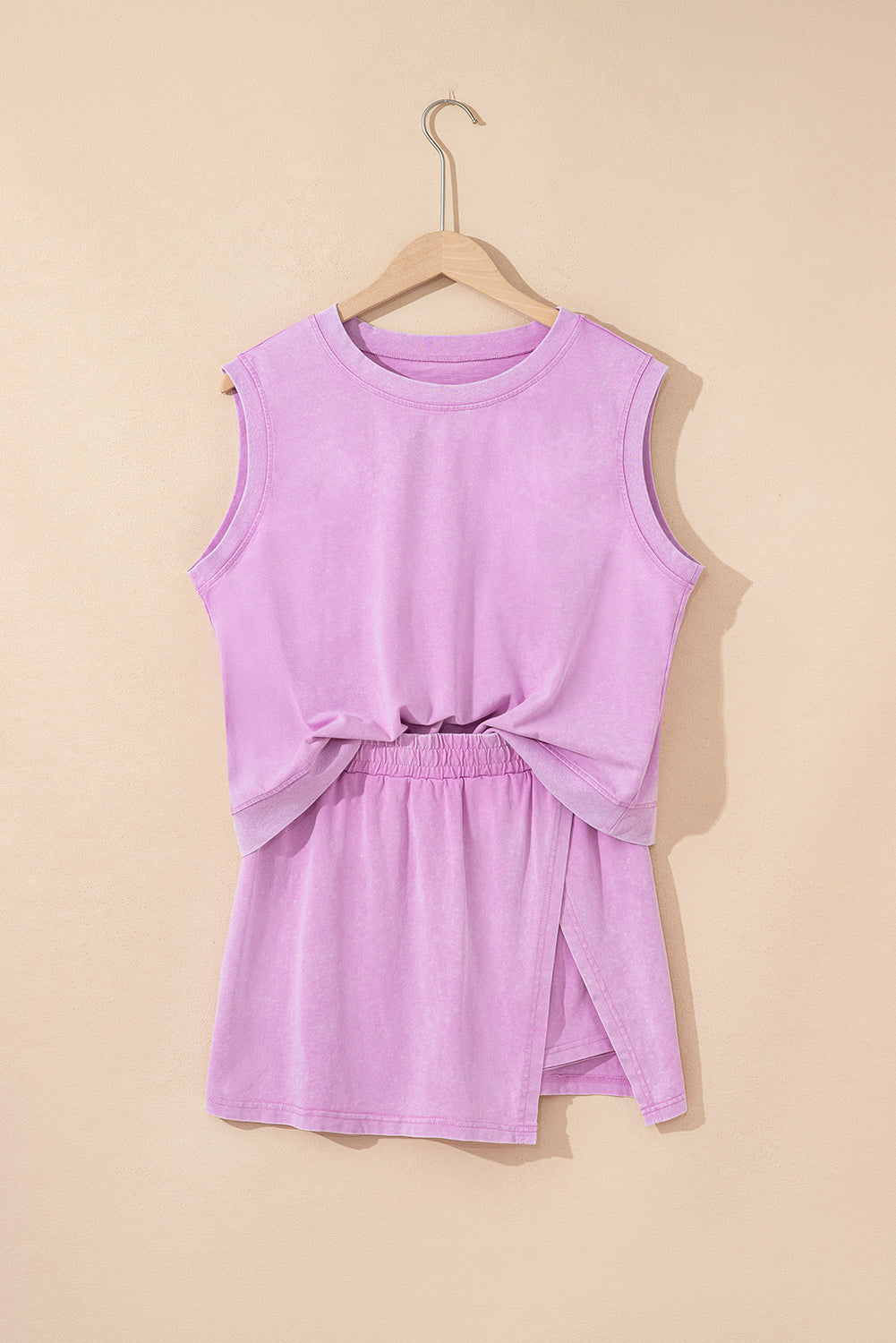 Mint Green 2 Pieces Mineral Wash Cotton Tank Top Lined Split Skirt Set