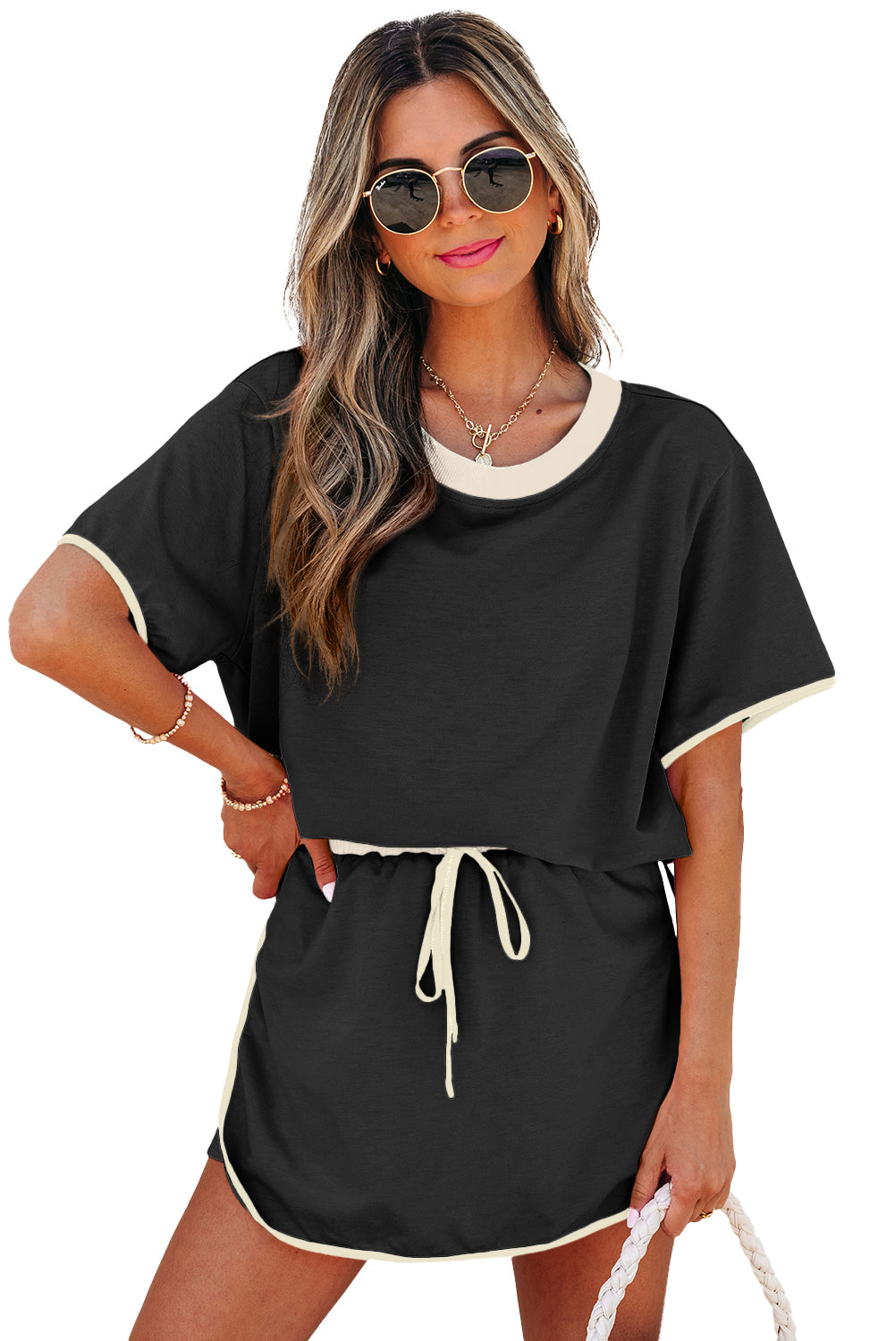 Bonbon Colorblock Edge Drop Shoulder T Shirt and Skort 2Pcs Set
