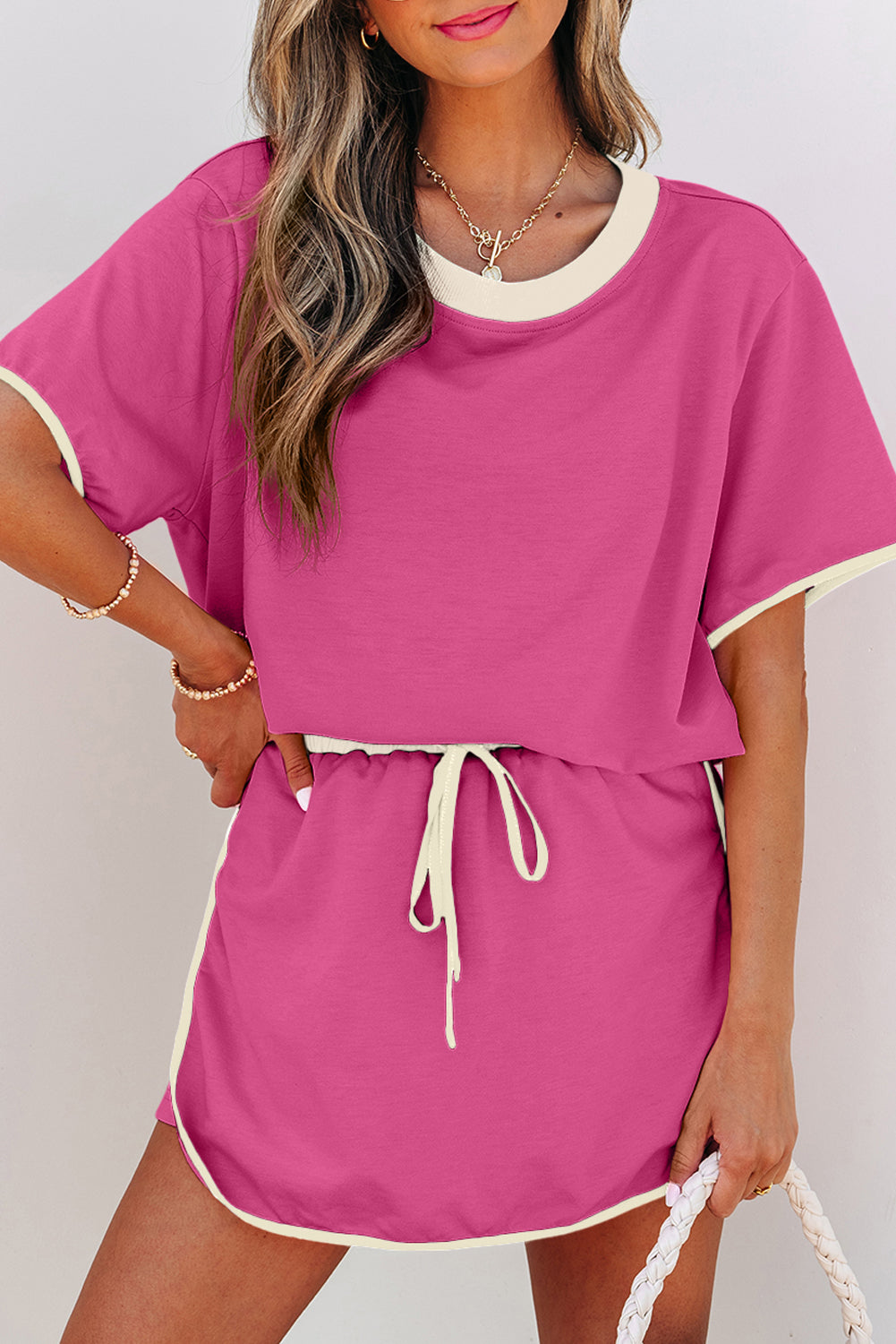 Bonbon Colorblock Edge Drop Shoulder T Shirt and Skort 2Pcs Set