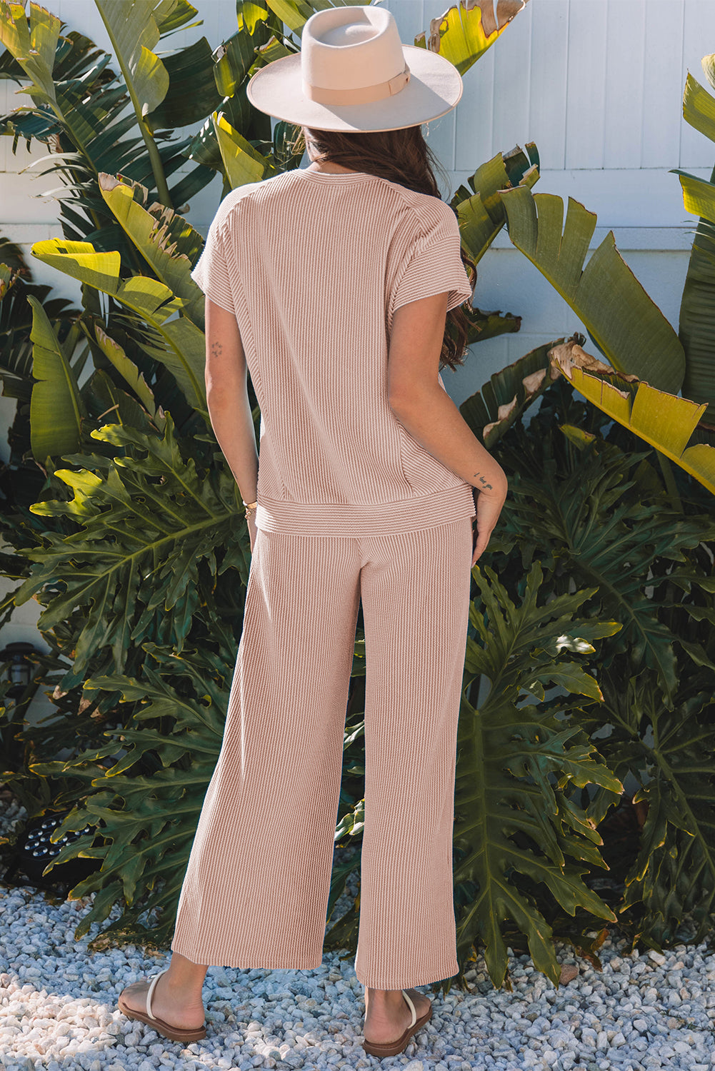 Wild Wind Solid Corded Knit Short Sleeve T Shirt and Wide Leg Pants Set