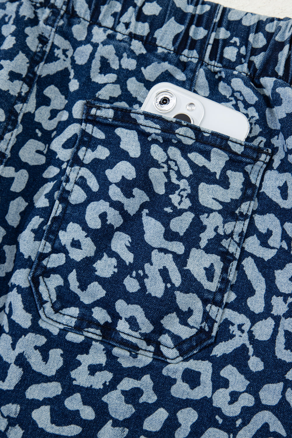 Khaki Leopard Printed Drawstring Waist Pocketed Wide Leg Jeans