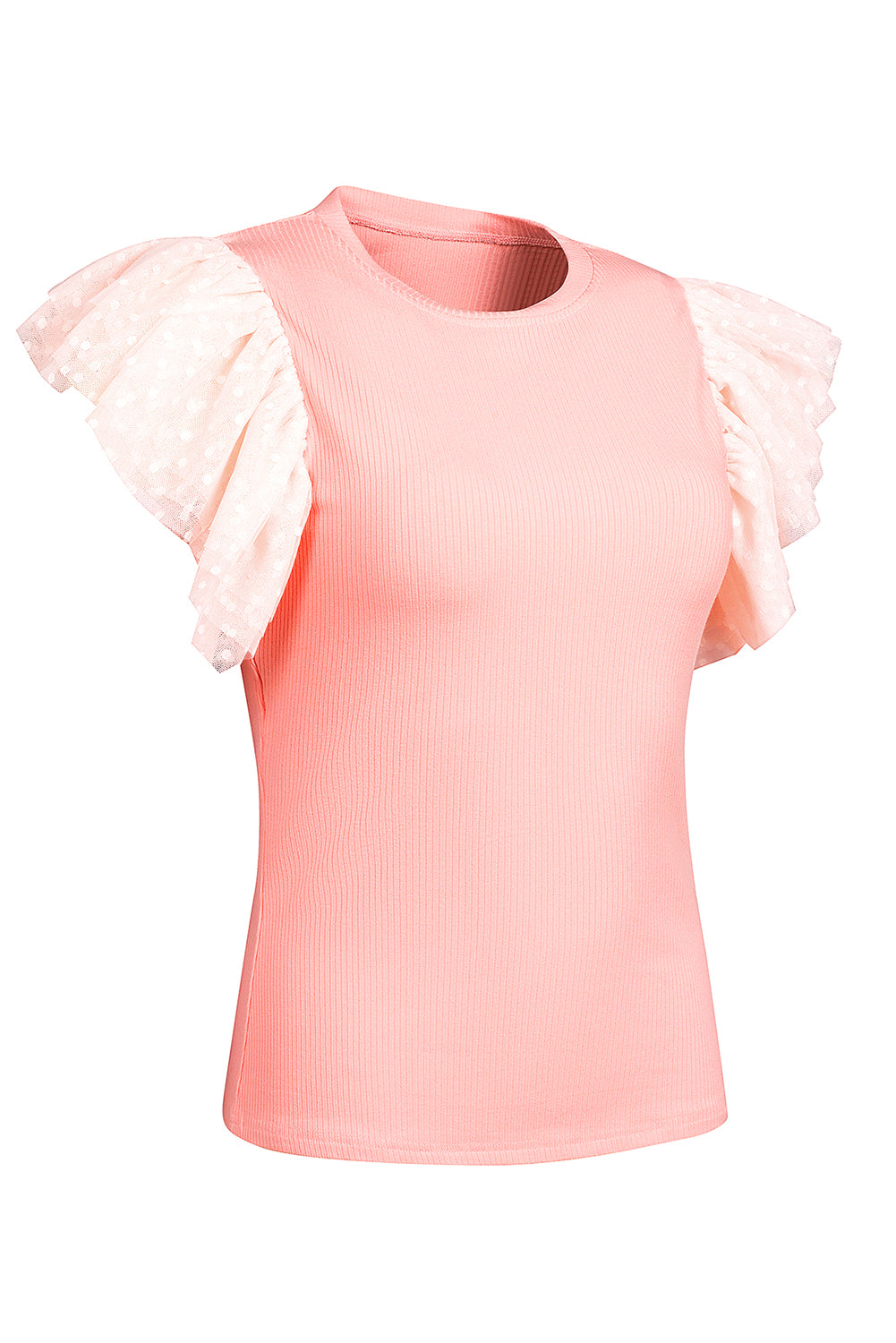 Apricot Dotty Mesh Ruffle Sleeve Ribbed Knit Top