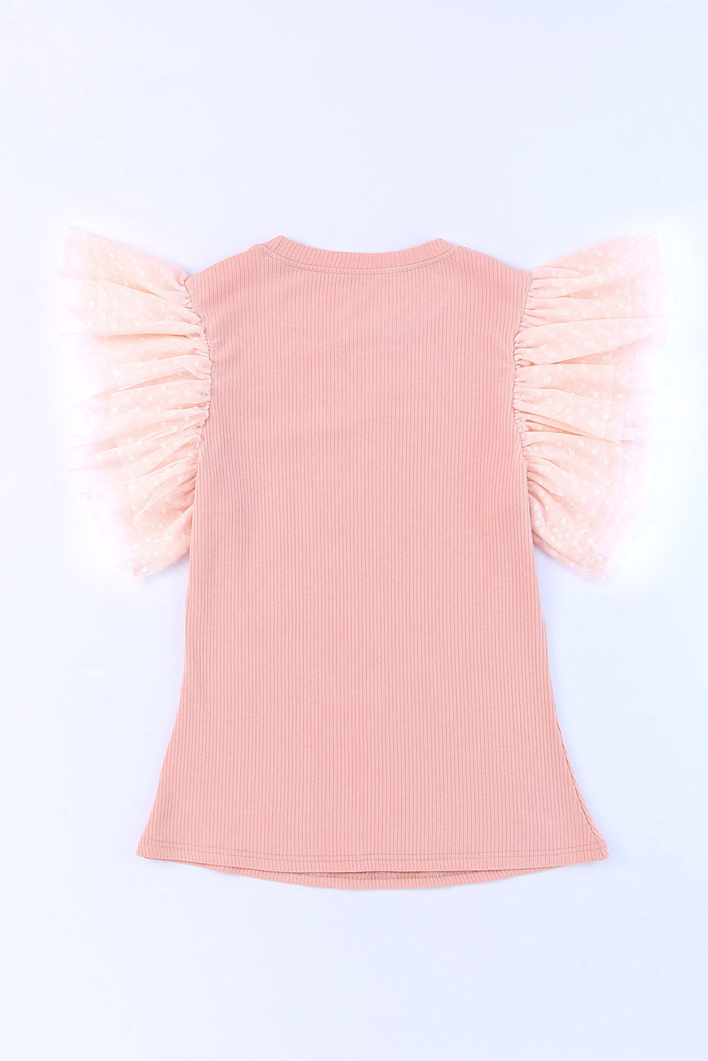 Apricot Dotty Mesh Ruffle Sleeve Ribbed Knit Top