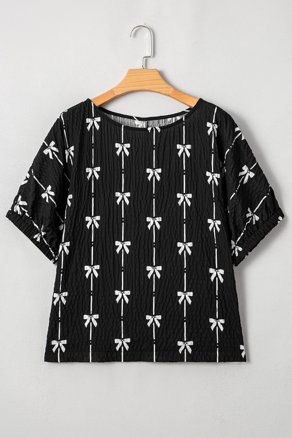 Black Bow Print Puff Short Sleeve Top