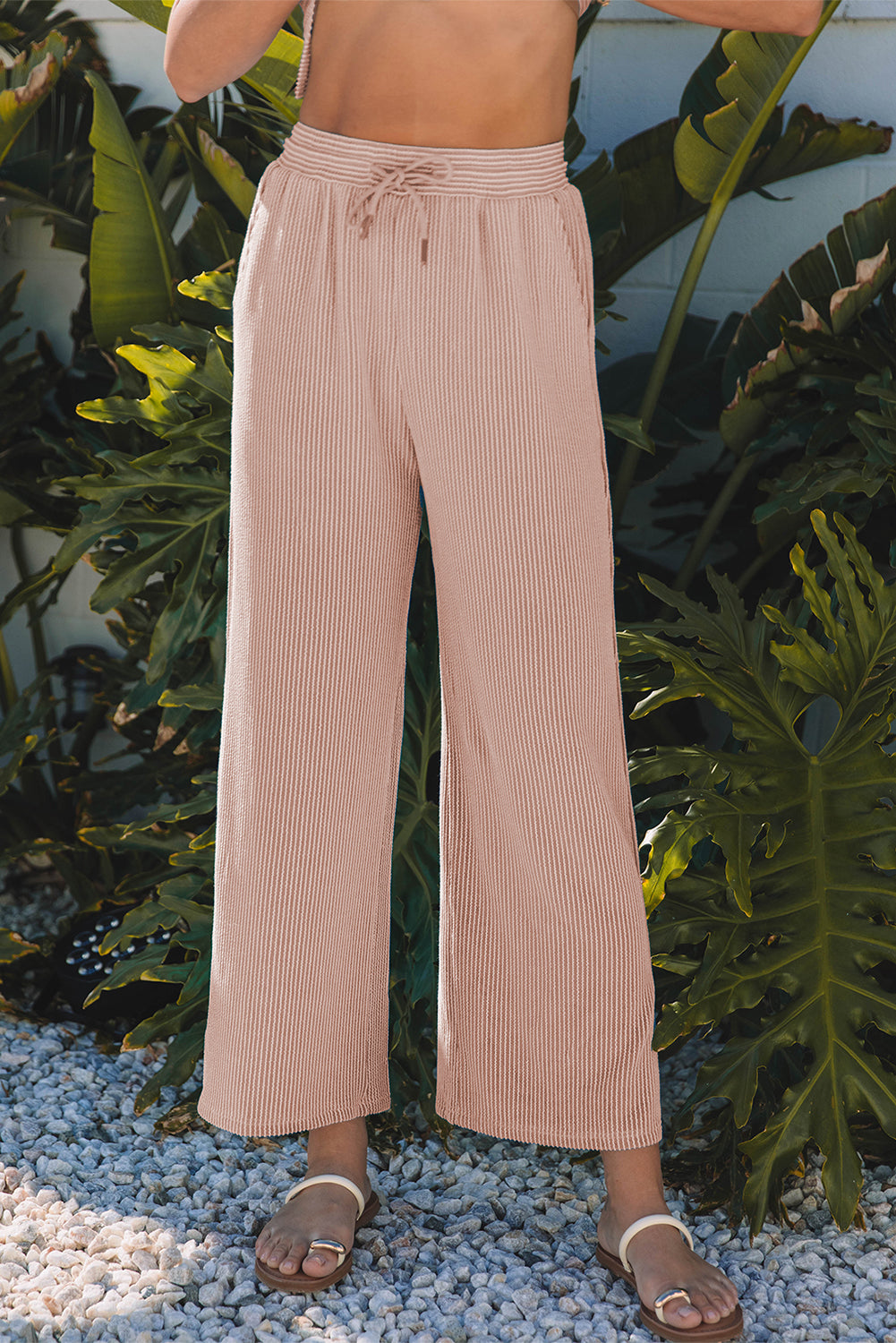 Wild Wind Solid Corded Knit Short Sleeve T Shirt and Wide Leg Pants Set