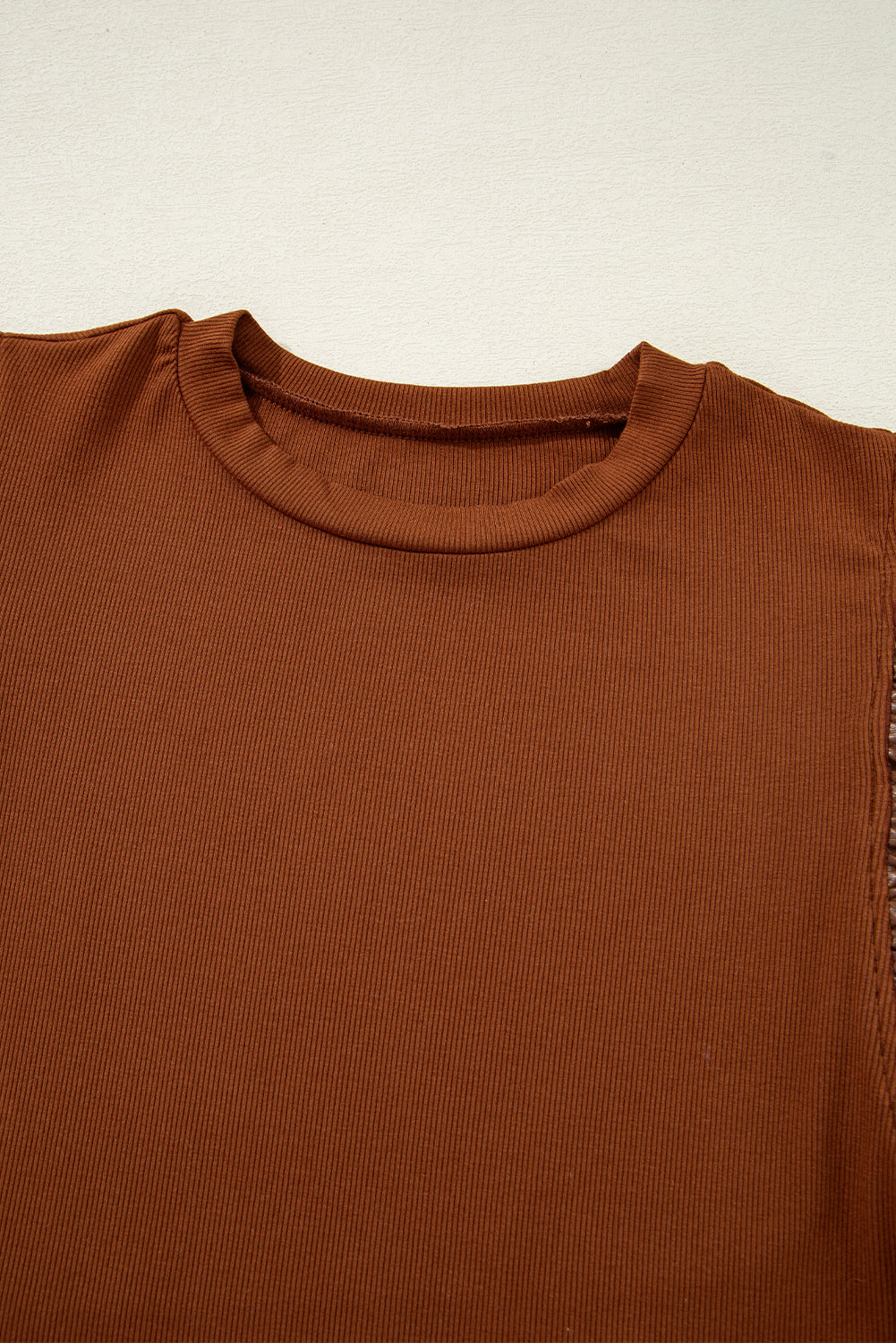 Black Leather Ruffle Sleeve Patchwork Round Neck Blouse