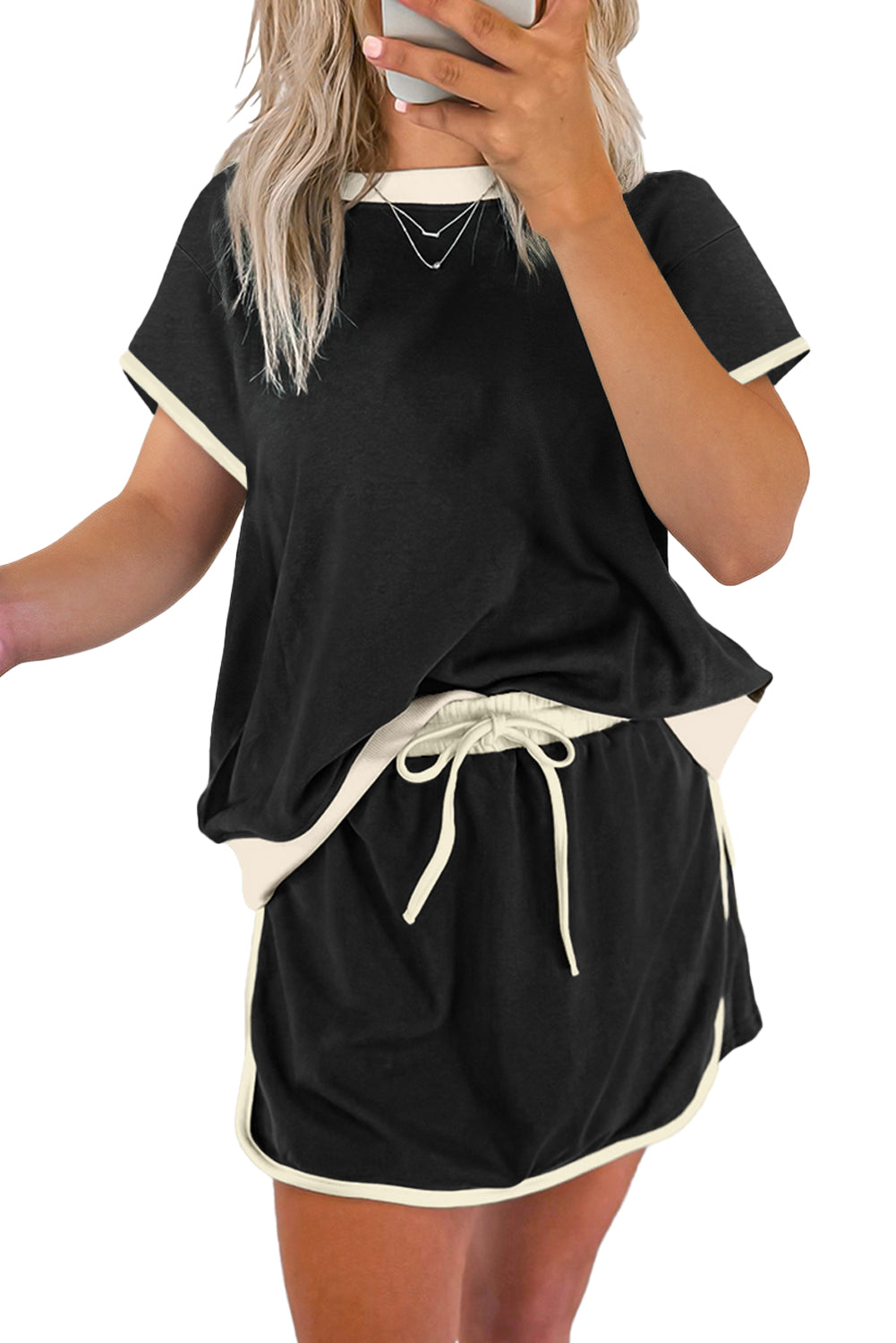 Bonbon Colorblock Edge Drop Shoulder T Shirt and Skort 2Pcs Set