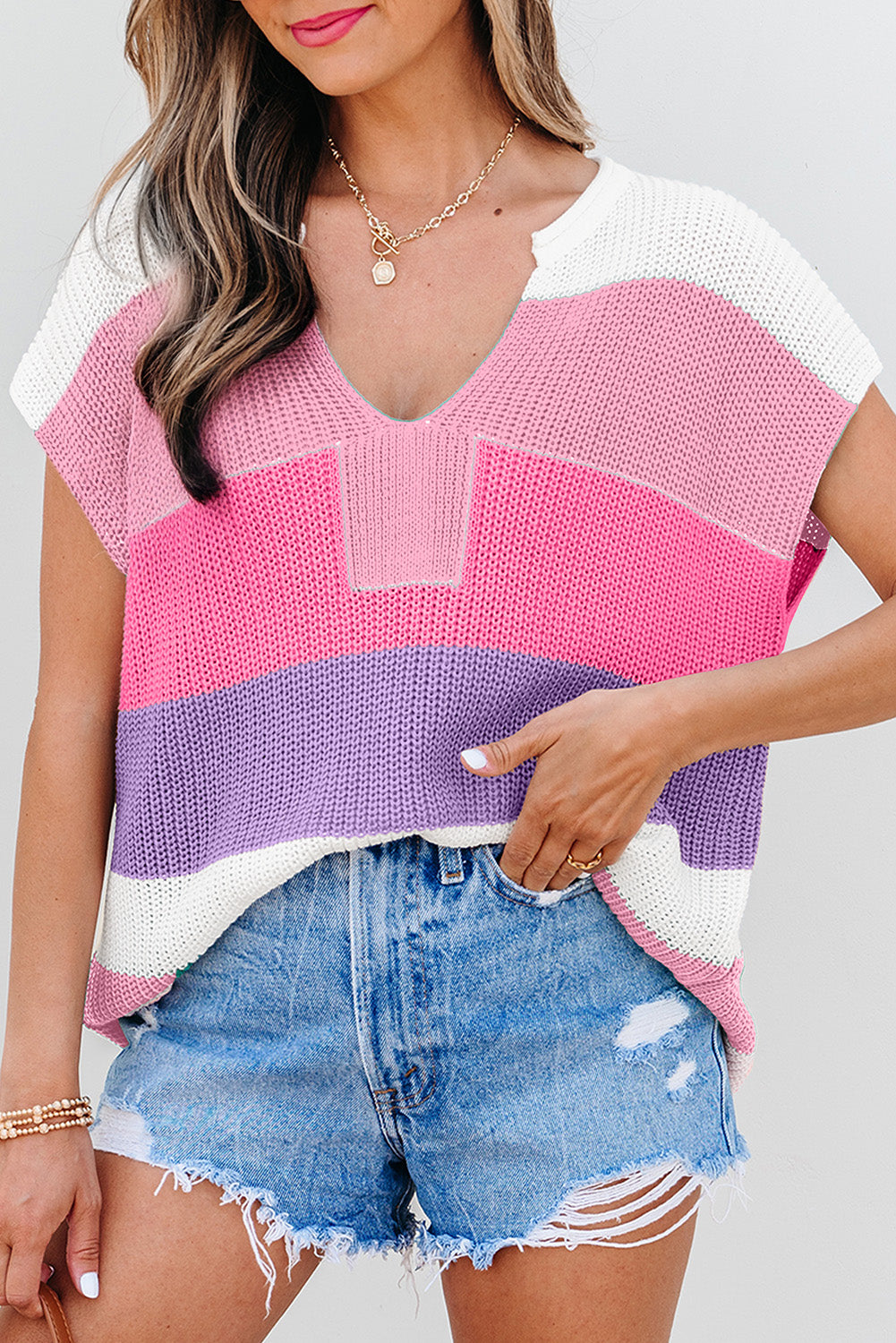 Multicolour Color Block Notch V Neck Sweater T Shirt