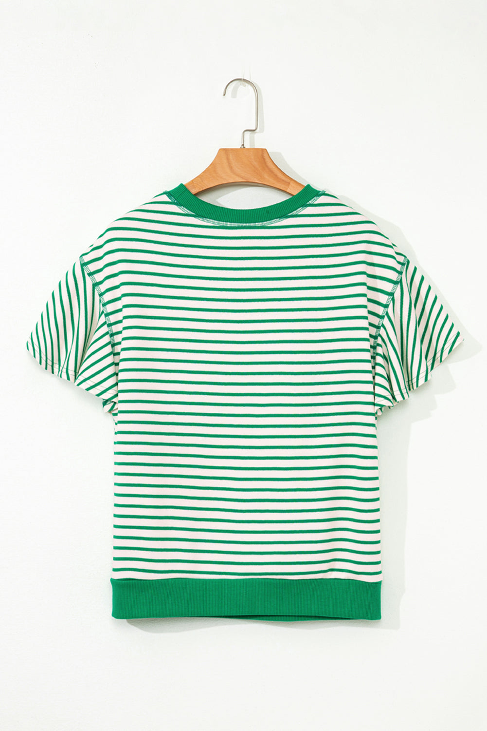 Bright Green Contrast Detail Striped Ruffle Short Sleeve Top