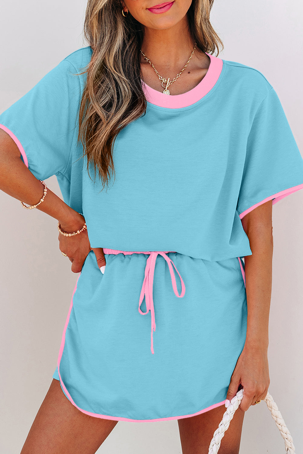 Turquoise Colorblock Edge Drop Shoulder T Shirt and Skirt 2Pcs Set