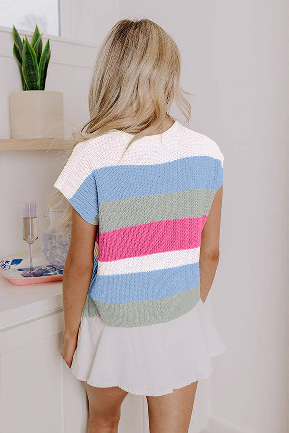 Multicolour Color Block Notch V Neck Sweater T Shirt