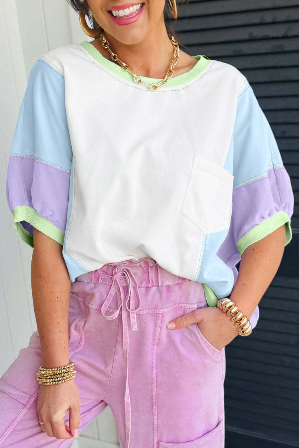White Color Block Patchwork Half Sleeve Oversized T Shirt