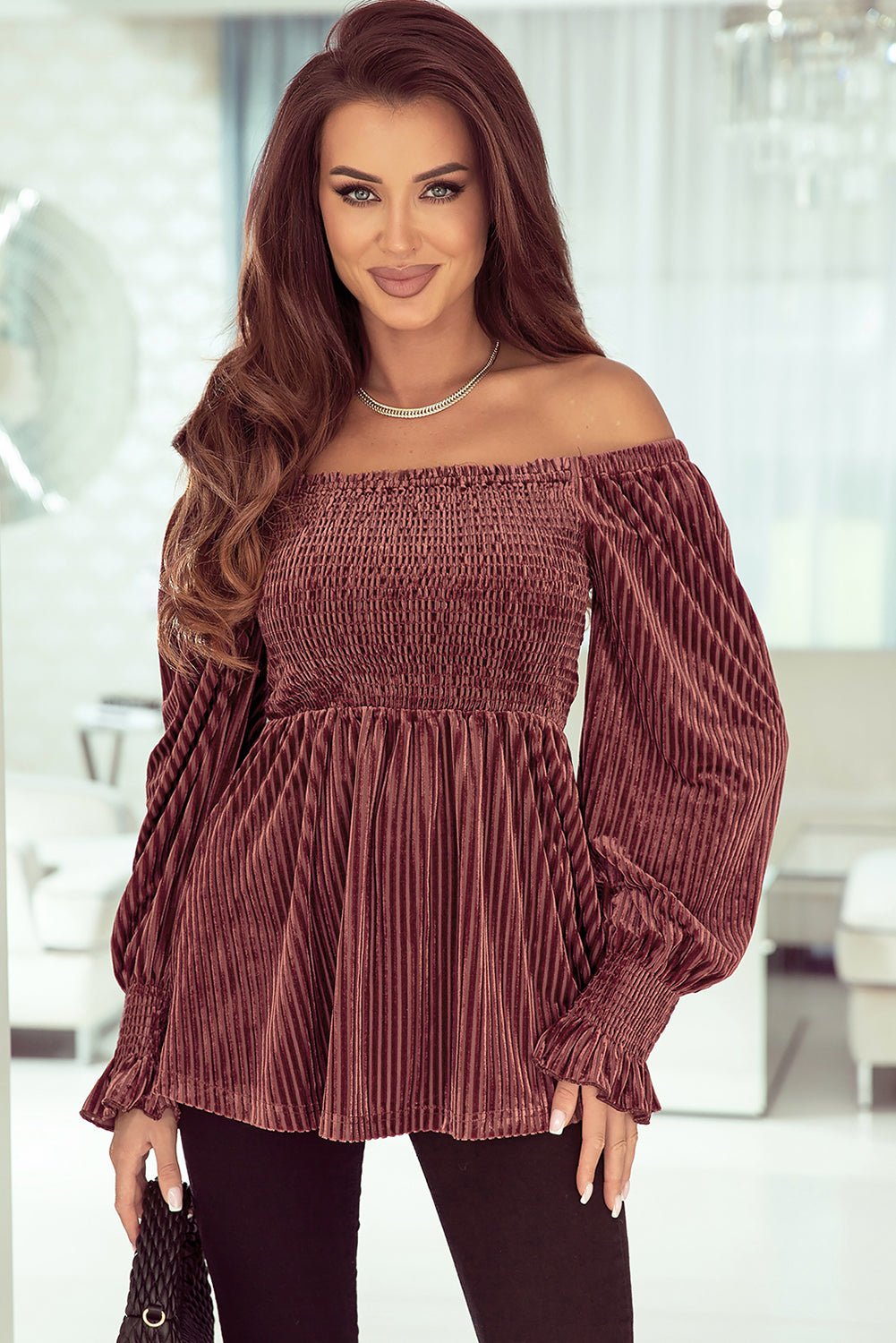 Chestnut Smocked Ribbed Velvet Babydoll Top