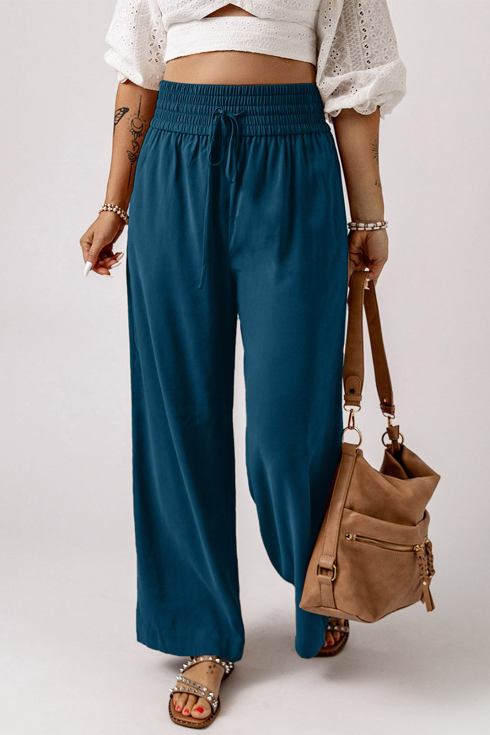 Green Brown Drawstring Elastic Waist Casual Wide Leg Pants