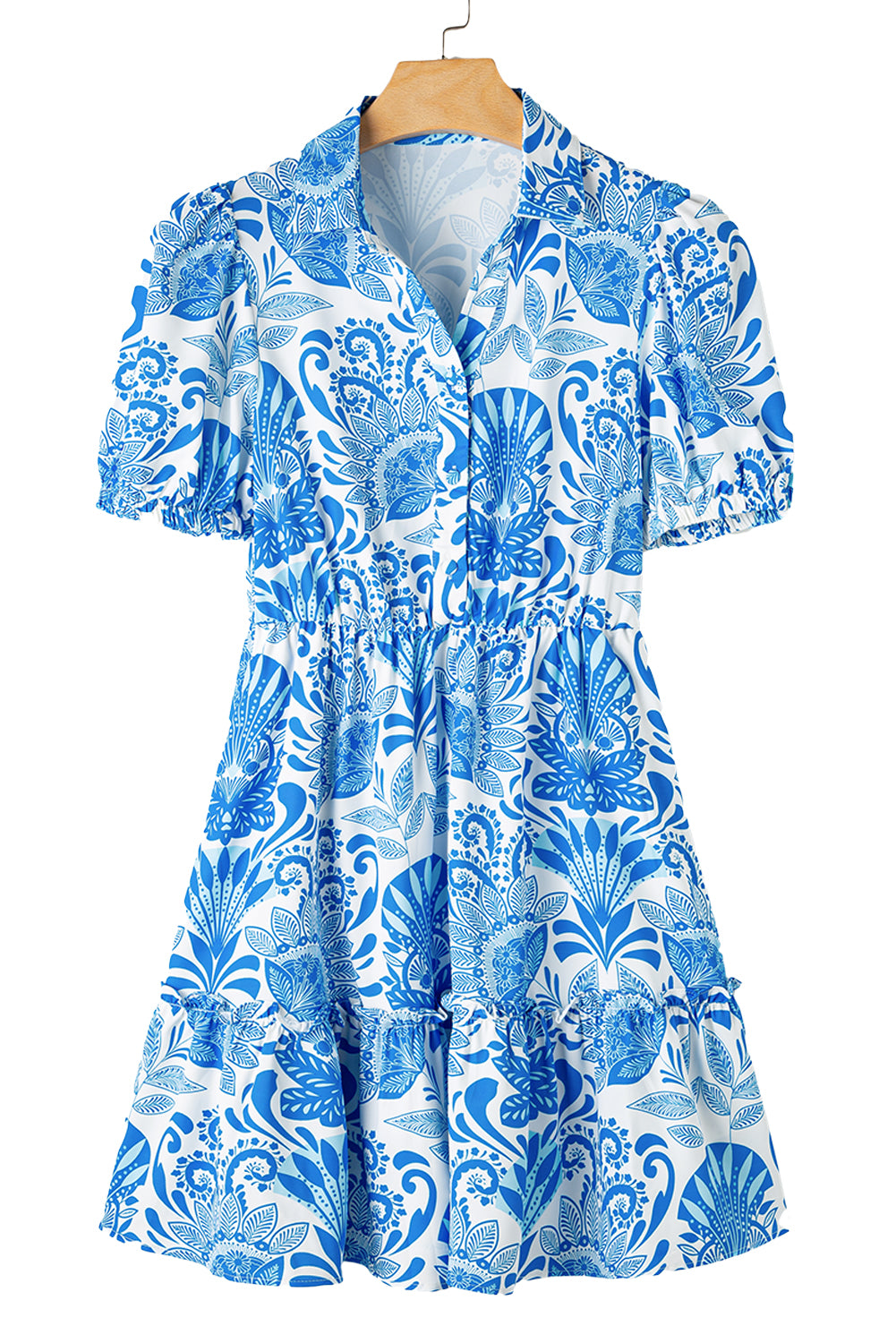 Sky Blue Retro Floral Print Drawstring Waist Ruffled Mini Dress