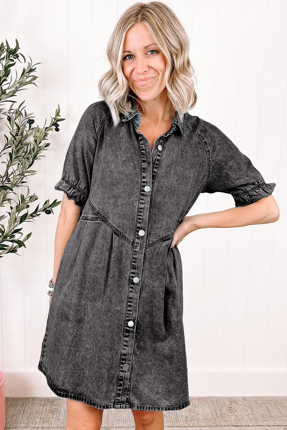 Medium Grey Mineral Wash Ruffled Short Sleeve Buttoned Denim Dress