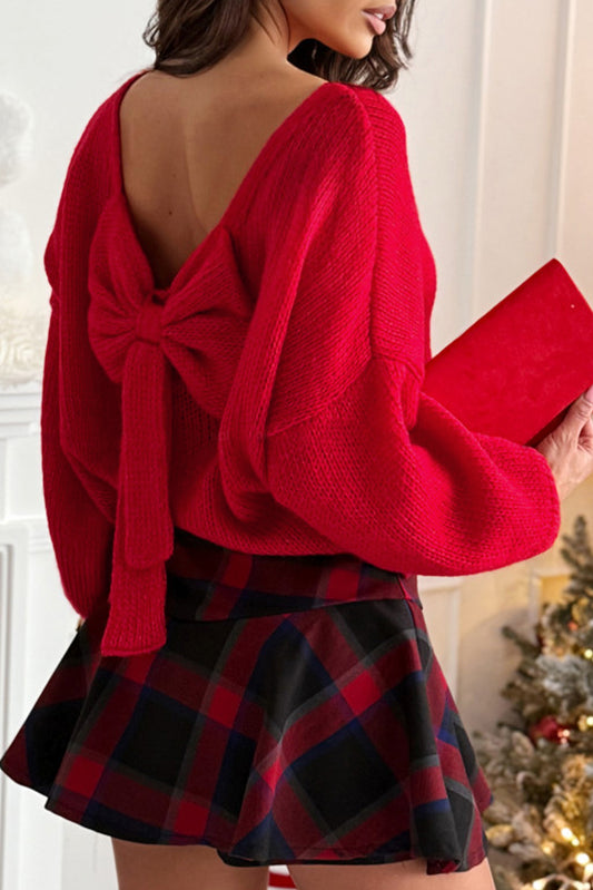 Bright Green Festive Bow Backless Bubble Sleeve Sweater