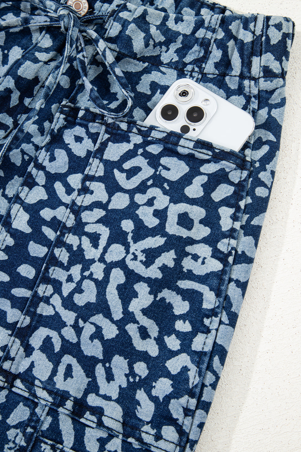 Khaki Leopard Printed Drawstring Waist Pocketed Wide Leg Jeans