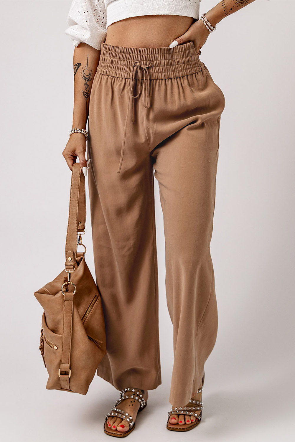 Green Brown Drawstring Elastic Waist Casual Wide Leg Pants