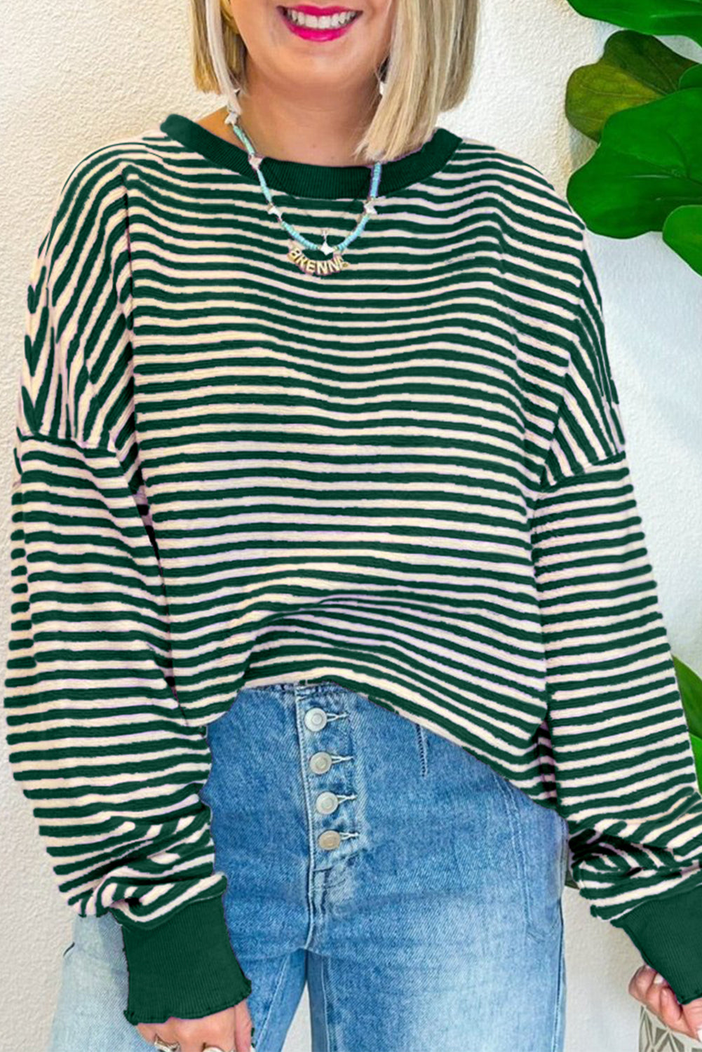 Black Stripe Loose Drop Shoulder Long Sleeve Top