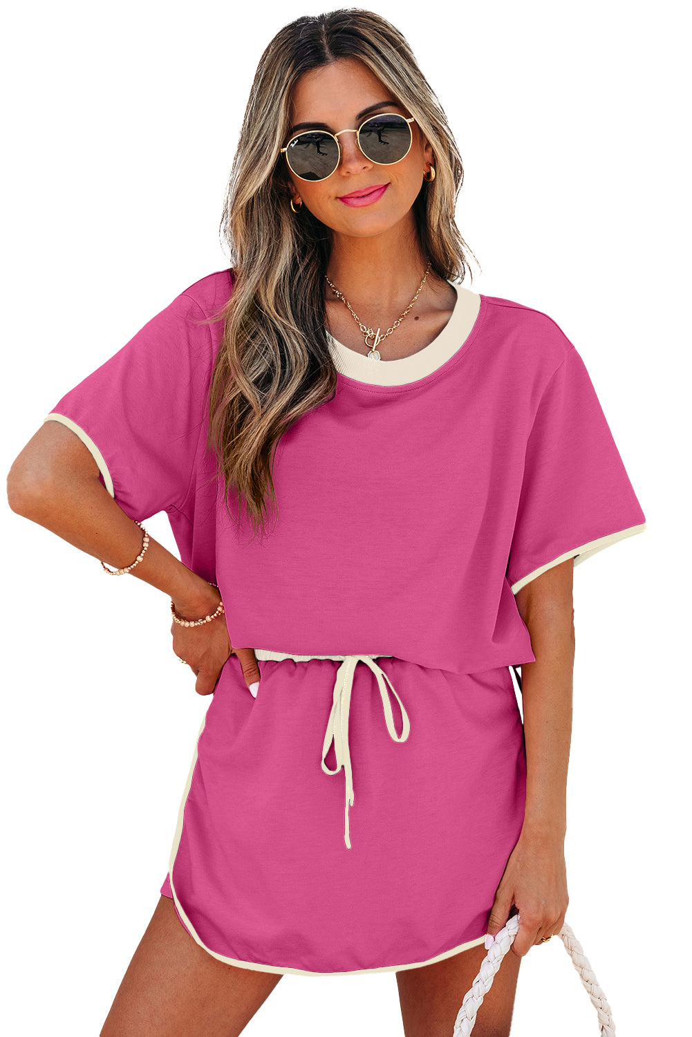 Bonbon Colorblock Edge Drop Shoulder T Shirt and Skort 2Pcs Set