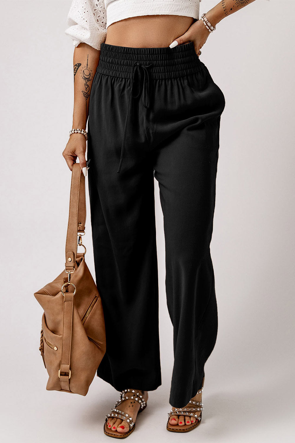 Green Brown Drawstring Elastic Waist Casual Wide Leg Pants