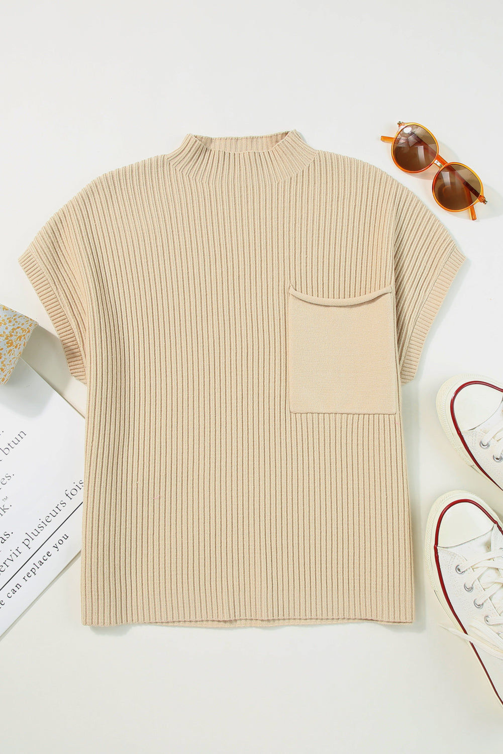 Gold Flame Patch Pocket Ribbed Knit Short Sleeve Sweater