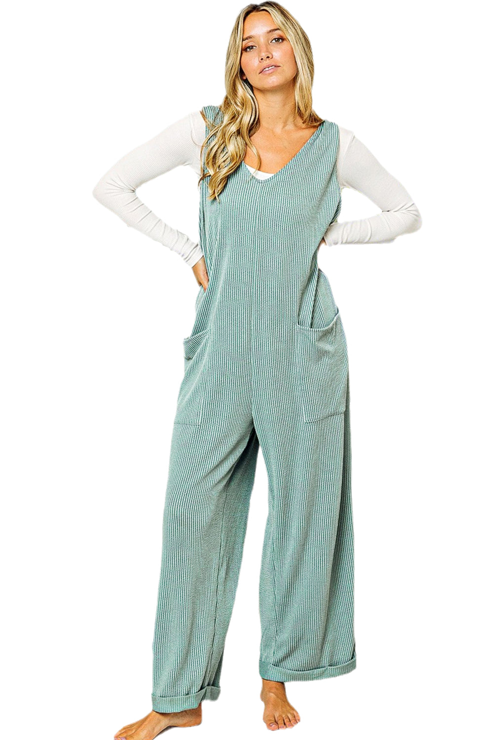 Parchment Corded Tie Straps V Neck Wide Leg Jumpsuit