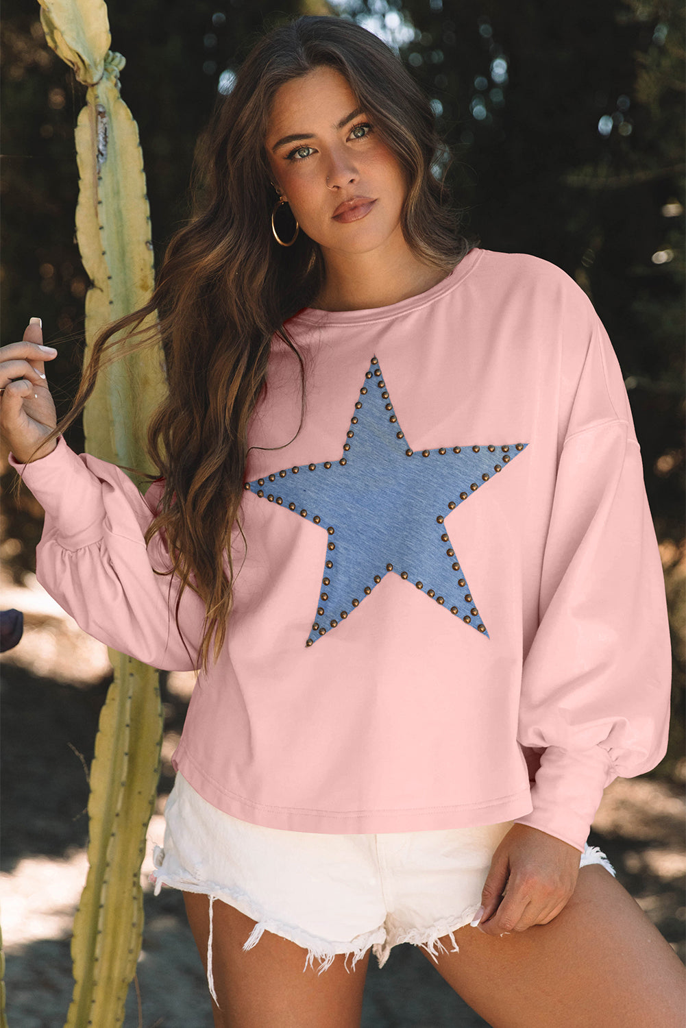 Black Studded Star Graphic Oversized Long Sleeve Top