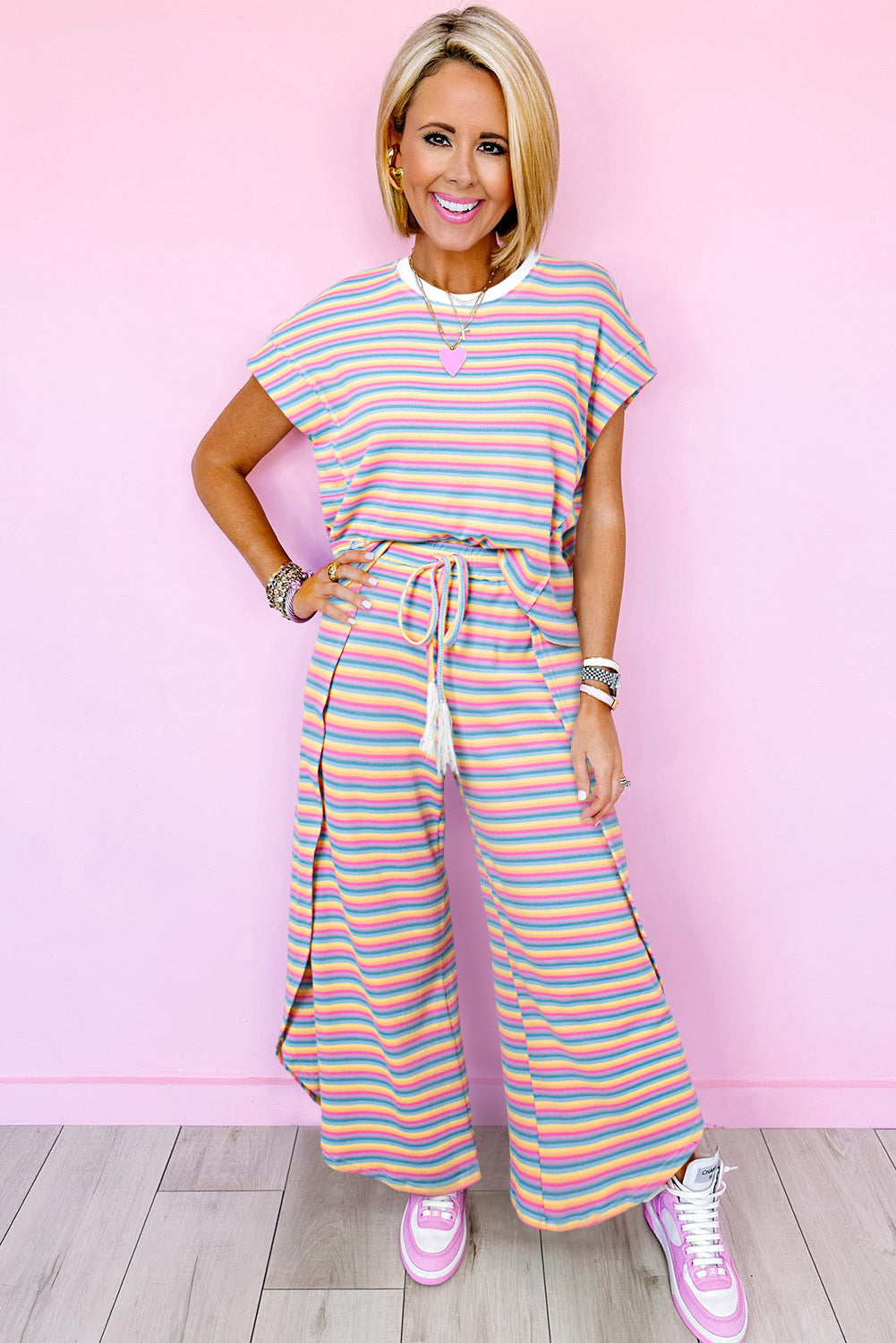 Black Stripe Rainbow Tee Tasseled String Wide Leg Pants Set