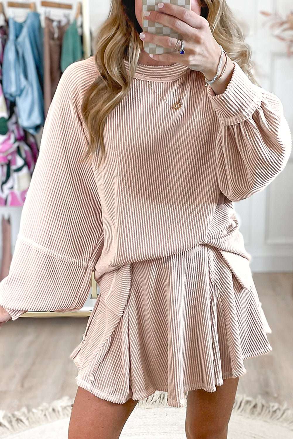 Jet Stream Corded Lantern Sleeve Top High Waist Ruffled Mini Skirt Set