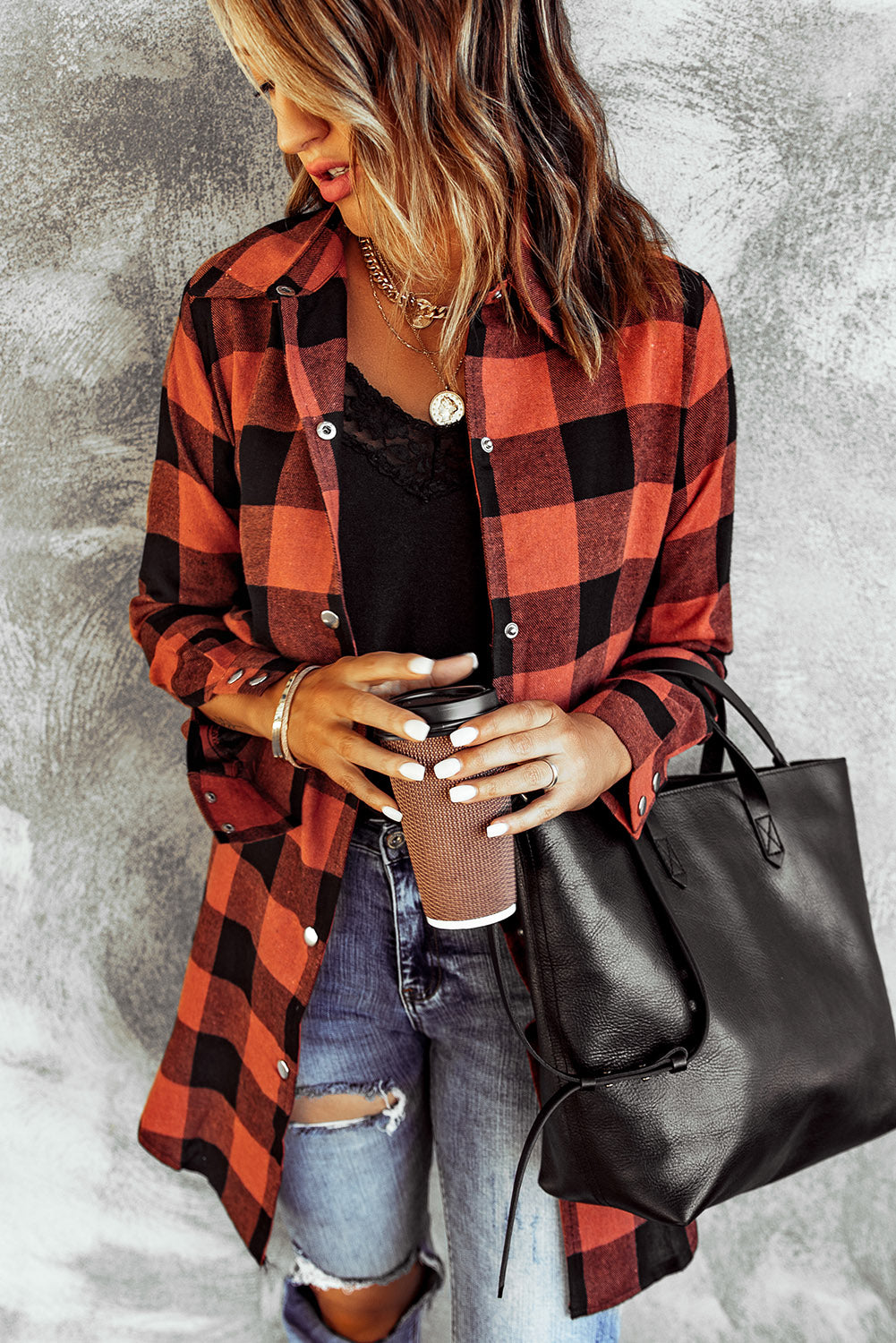 Brown Turn-down Collar Plaid Shirt Coat