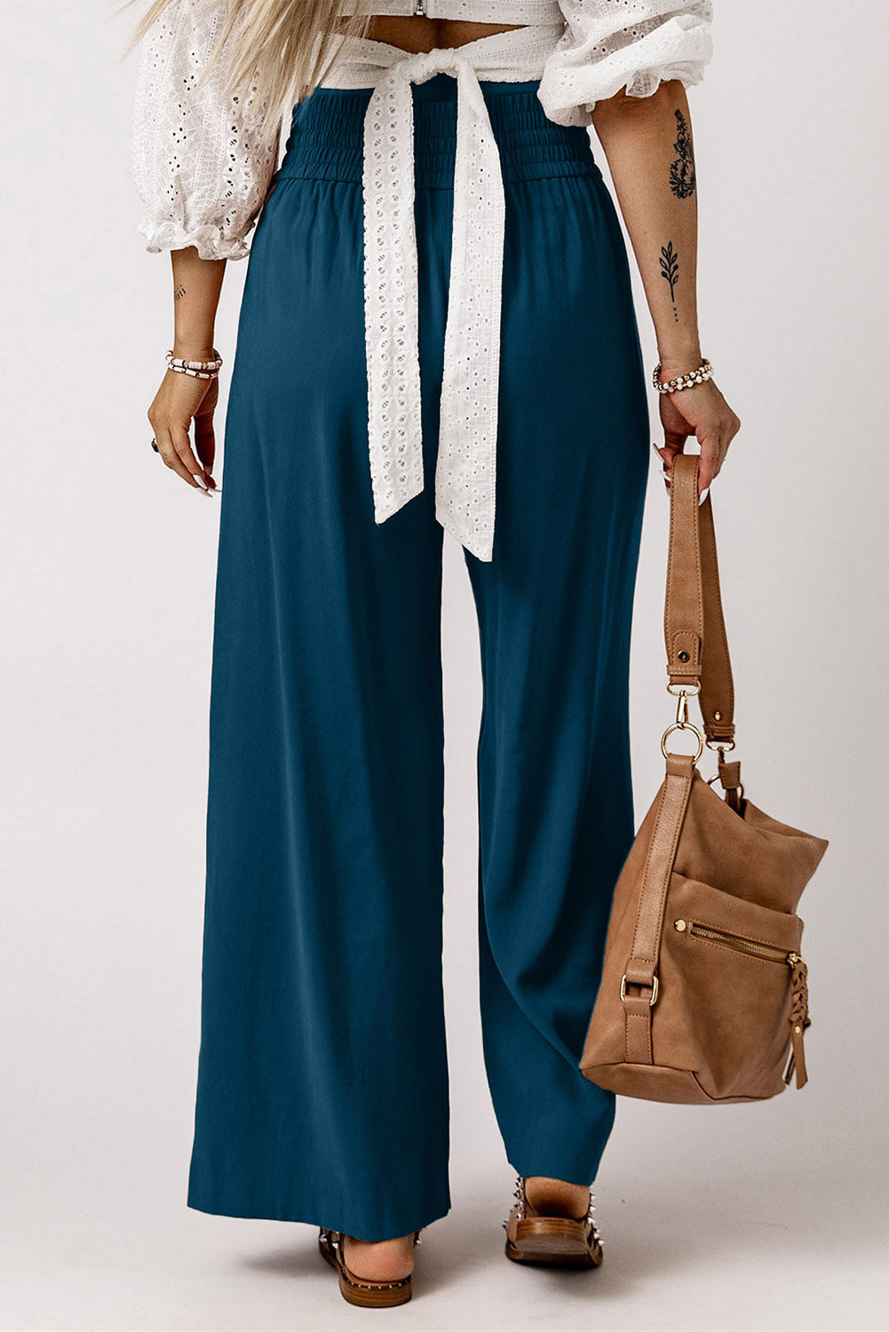 Green Brown Drawstring Elastic Waist Casual Wide Leg Pants