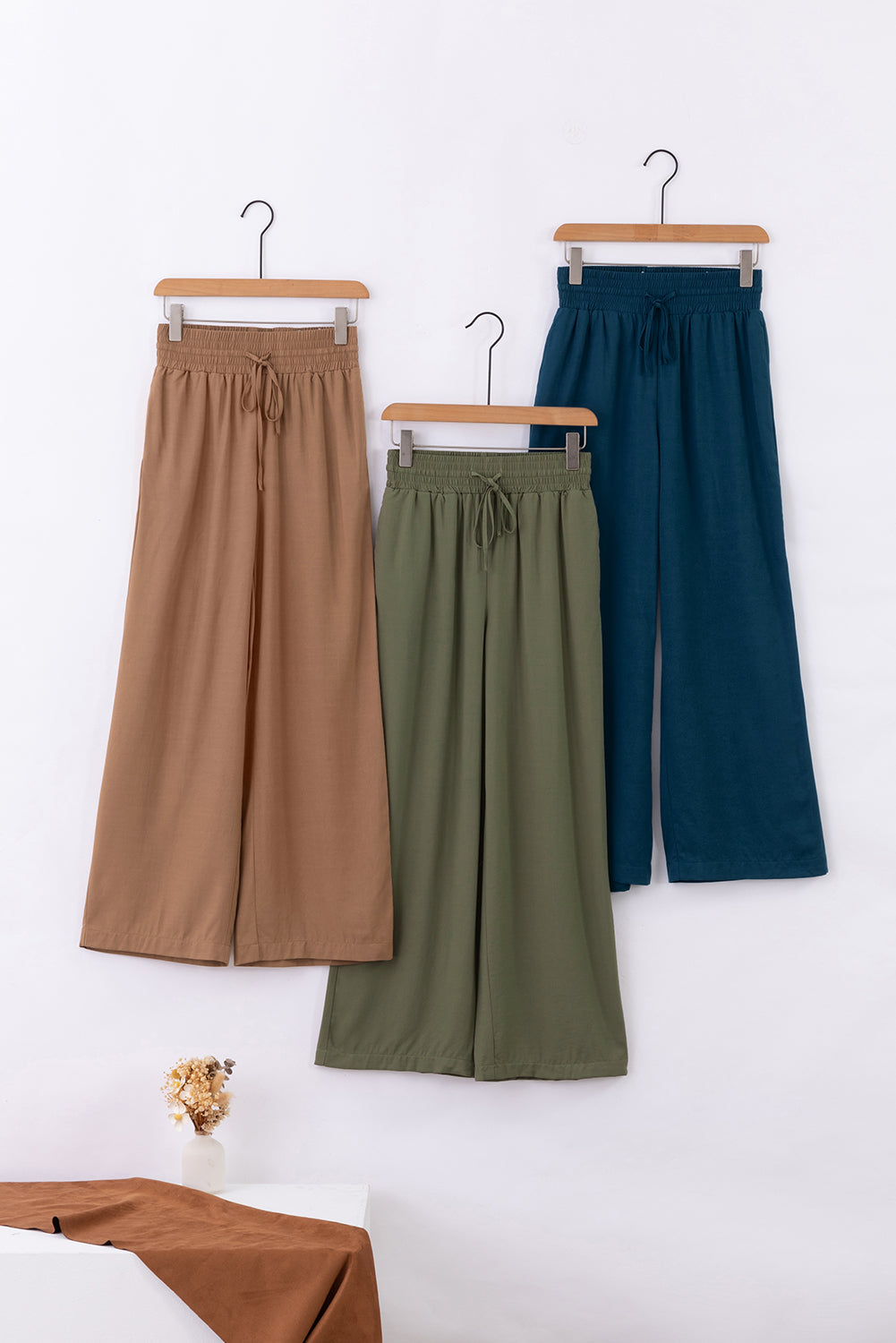 Green Brown Drawstring Elastic Waist Casual Wide Leg Pants