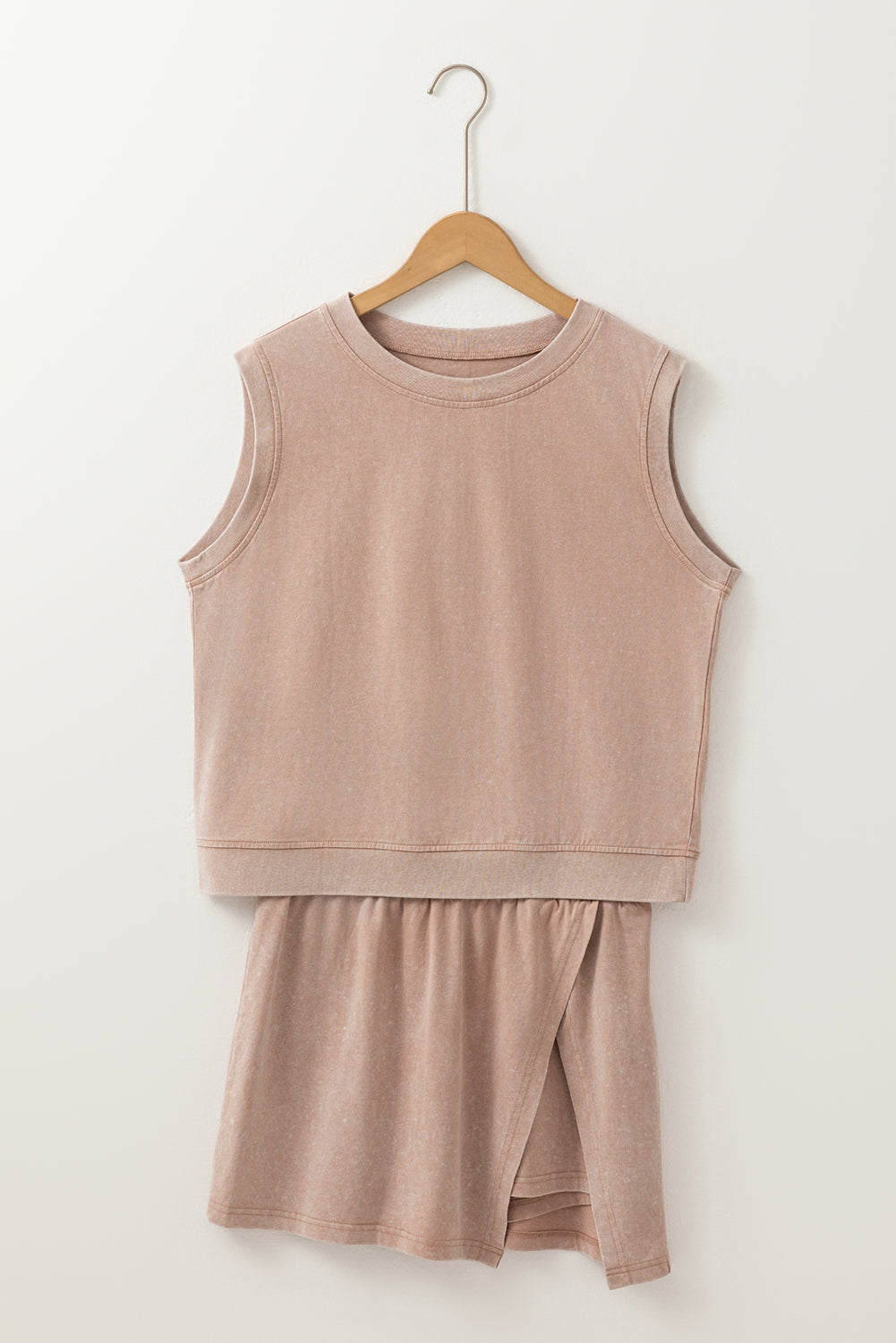 Mint Green 2 Pieces Mineral Wash Cotton Tank Top Lined Split Skirt Set