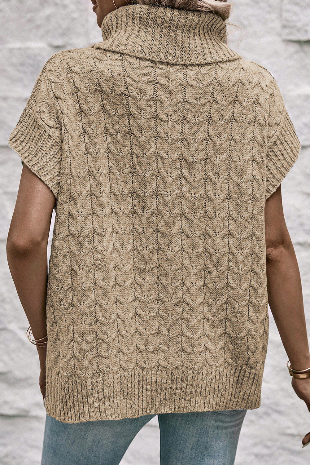 Light French Beige Cable Knit Turtleneck Batwing Sleeve Sweater