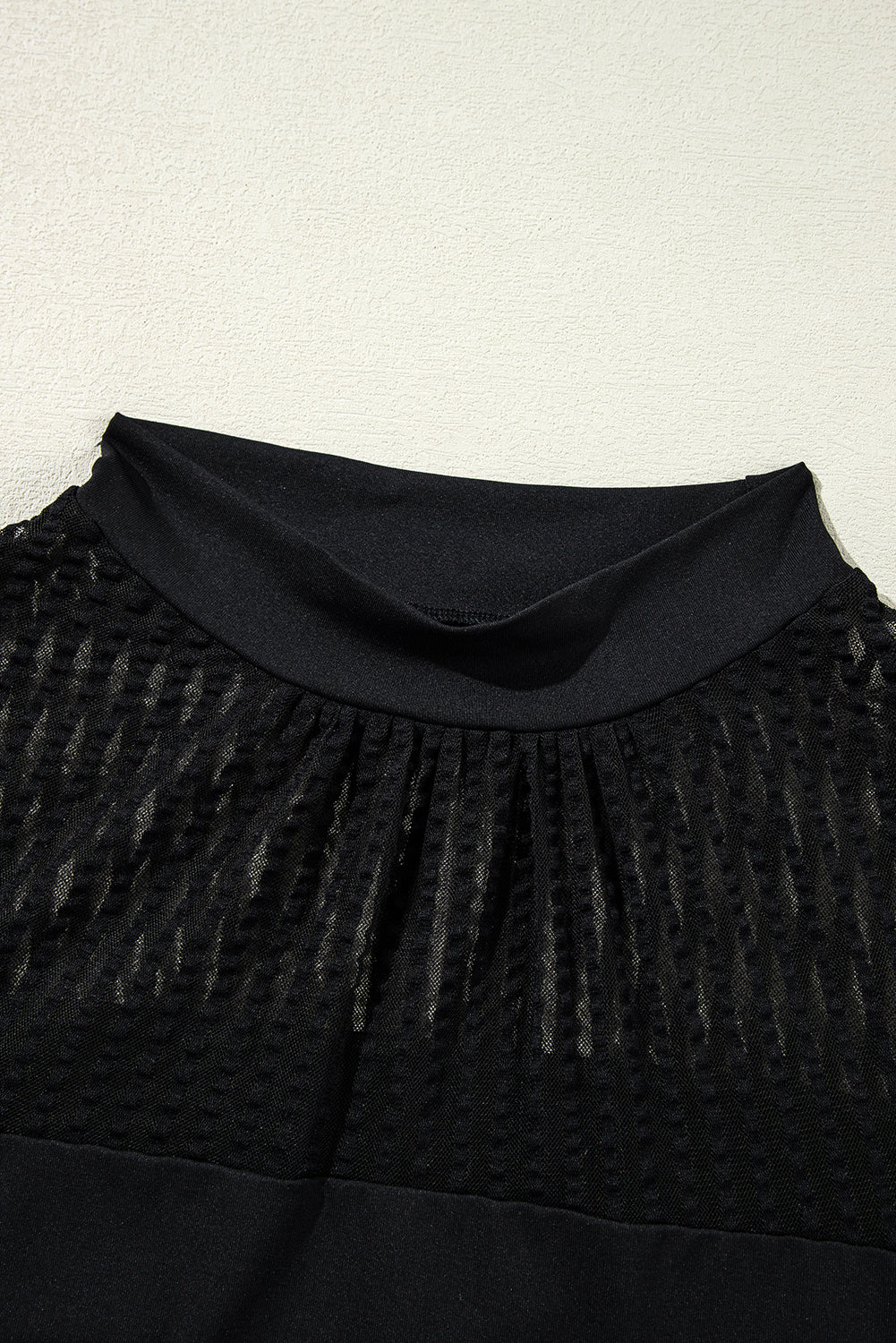 Black Stand Collar Striped Mesh Lantern Sleeve Blouse