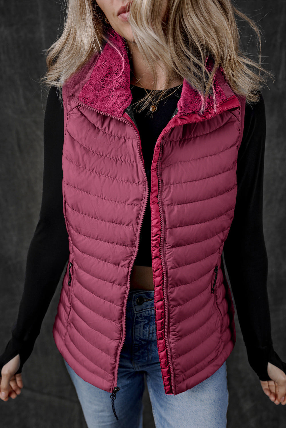 Black Plush Collared Quilted Zipped Puffer Vest