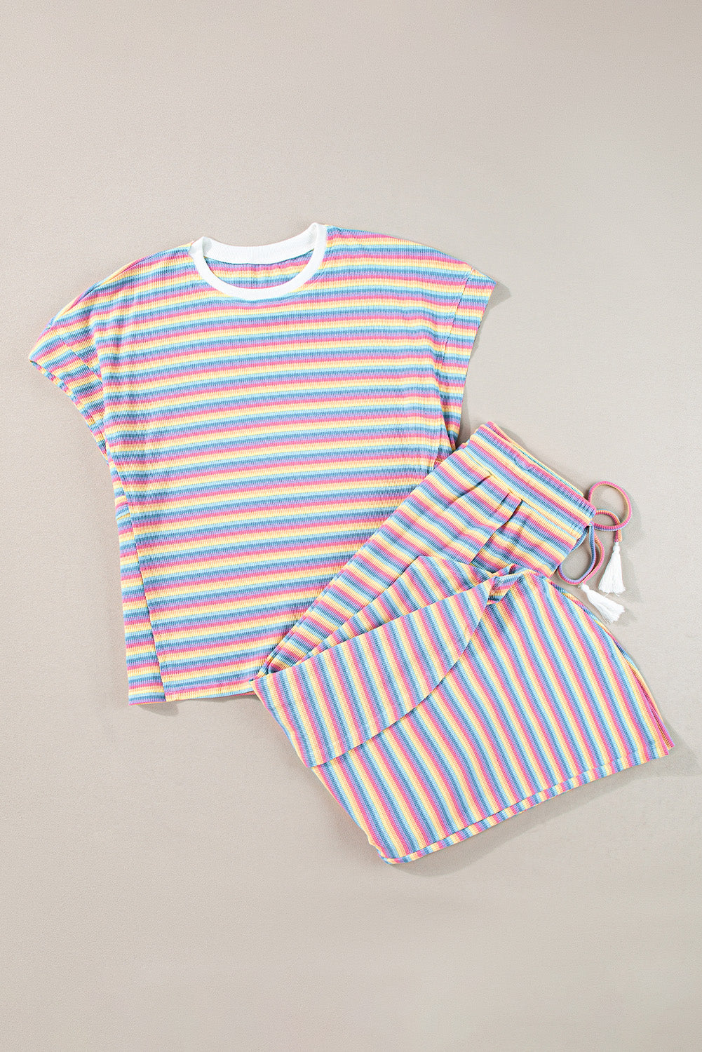 Black Stripe Rainbow Tee Tasseled String Wide Leg Pants Set