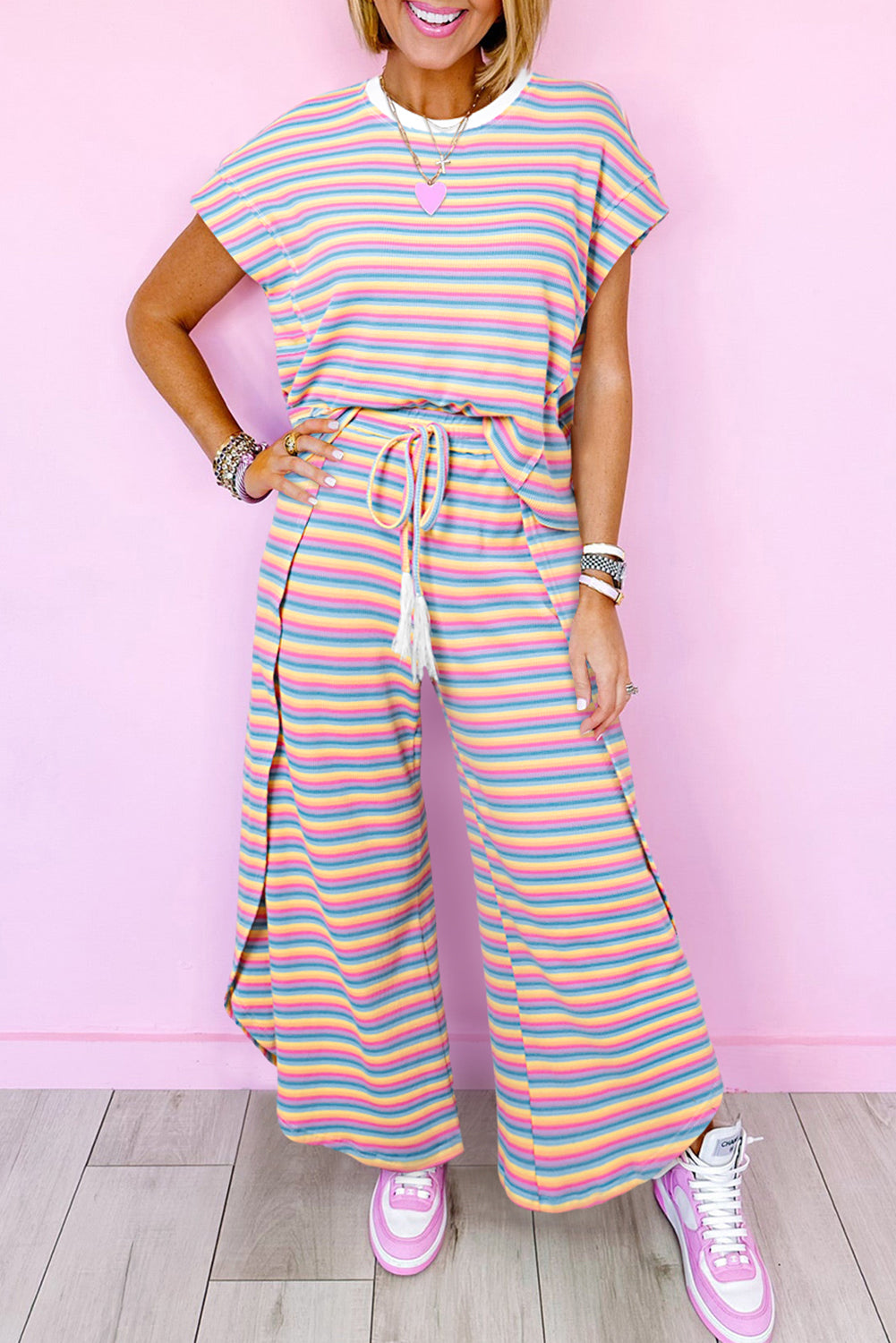 Black Stripe Rainbow Tee Tasseled String Wide Leg Pants Set