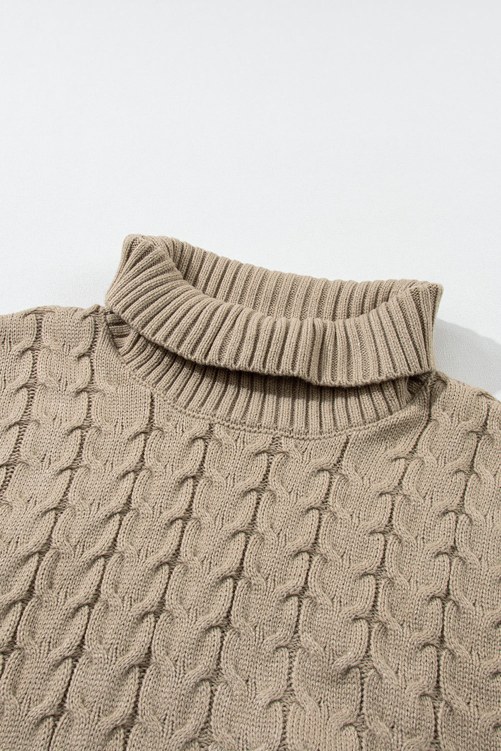 Light French Beige Cable Knit Turtleneck Batwing Sleeve Sweater