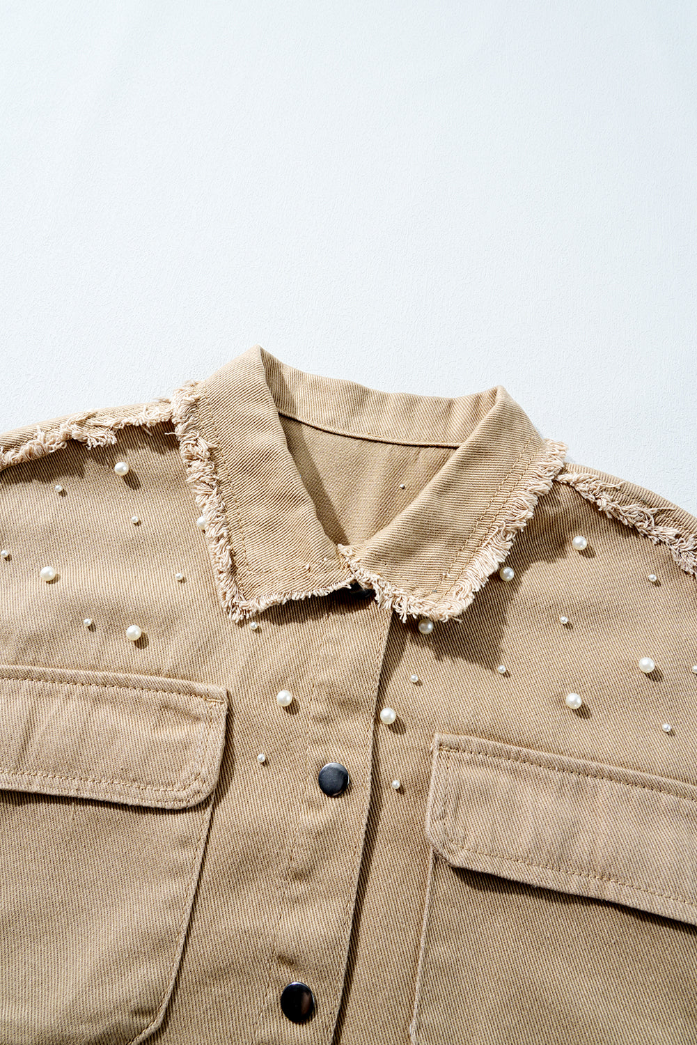 Khaki Pearl Beaded Raw Hem Button Up Denim Jacket